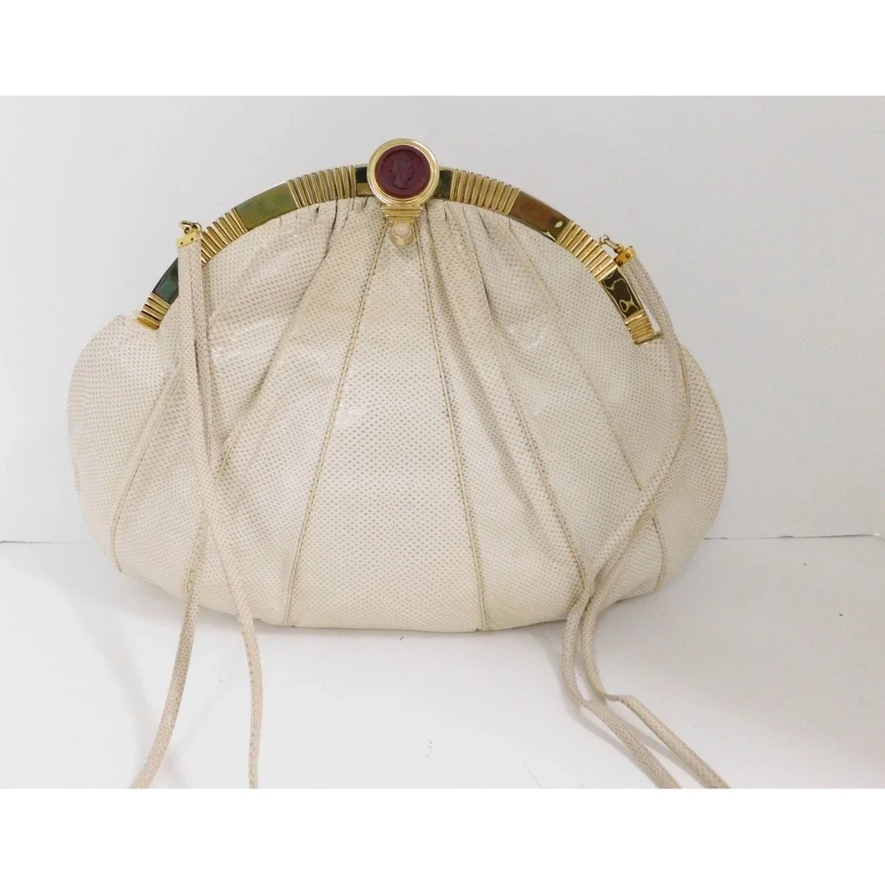 Judith Leiber Large Beige Karung Leather Pink Quartz Cameo Clutch Shoulder Bag